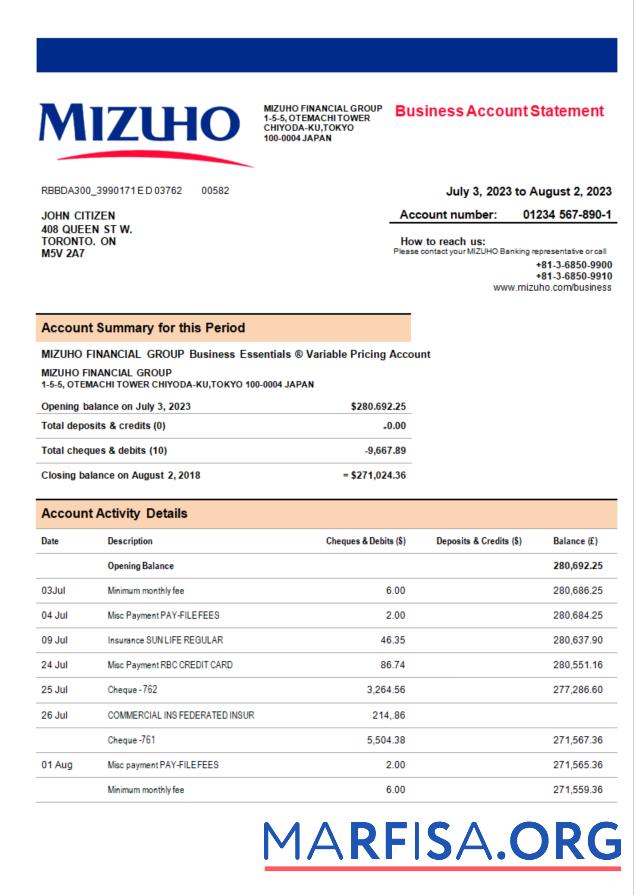 Blank Mizuho Financial Group bank company account statement Word and PDF template